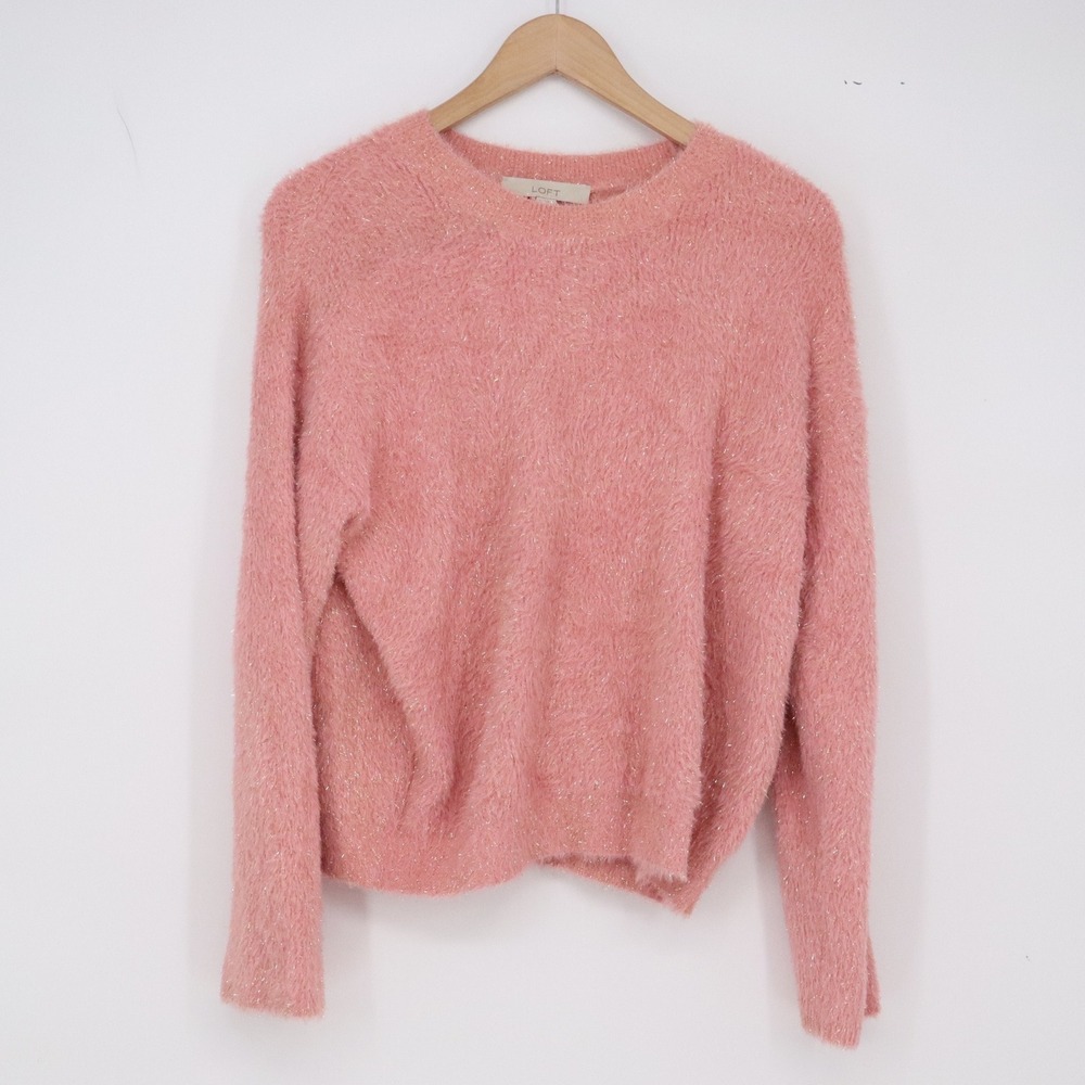 LOFT Sweater Womens M Eyelash Knit Pink Metallic Sparkle Fuzzy Excellent